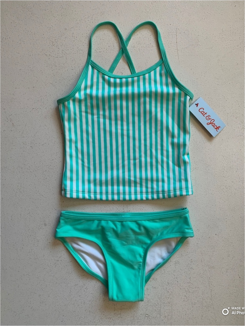 Cat & Jack Girl’s Aqua Green Stripe Tankini Bikini Swimsuit Size Small NWT Beach